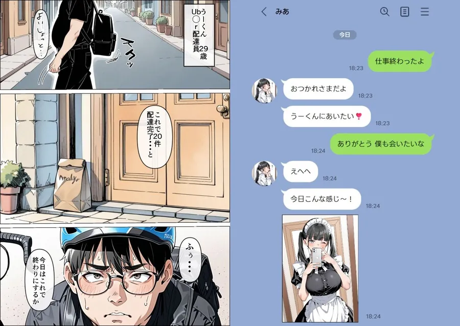 【無料エロ漫画・同人】Ub●rの配達先で推しコンカフェ嬢が彼氏とヤってた話-1枚目